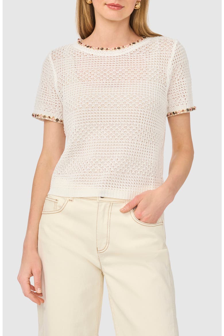 Beaded Short Sleeve Pointelle Sweater, Main, color, ANTIQUE WHITE