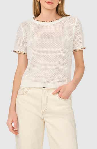Beaded Short Sleeve Pointelle Sweater