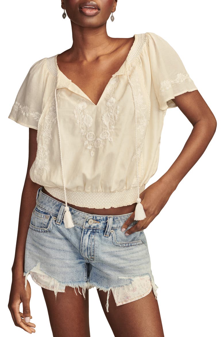Embroidered Tie Neck Crop Top, Main, color, LUMINARY G