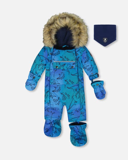 Deux Par Deux One-piece Play Snowsuit Designed For Car Seat Dinosaur In Blue