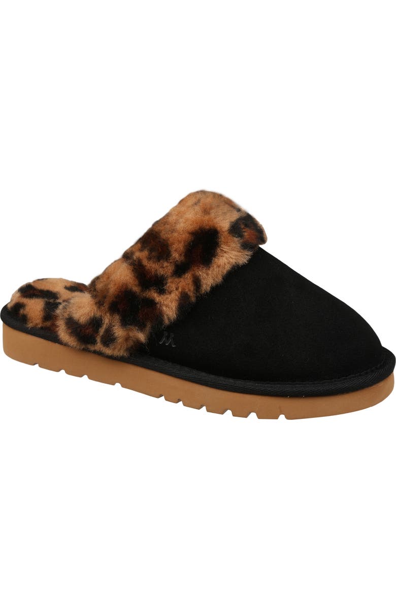Mykos Genuine Shearling Suede Slipper, Main, color, Black/ Leopard