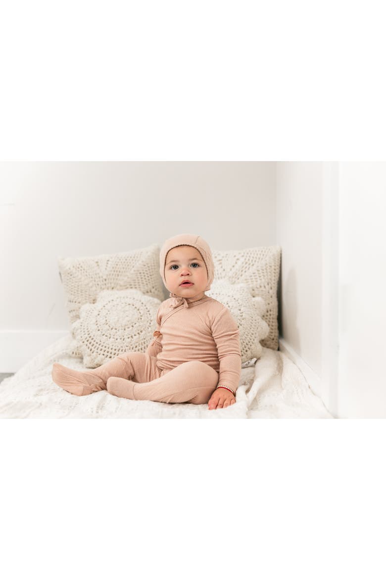 Crinkled Jersey Wrap Romper with Bonnet, Alternate, color, White