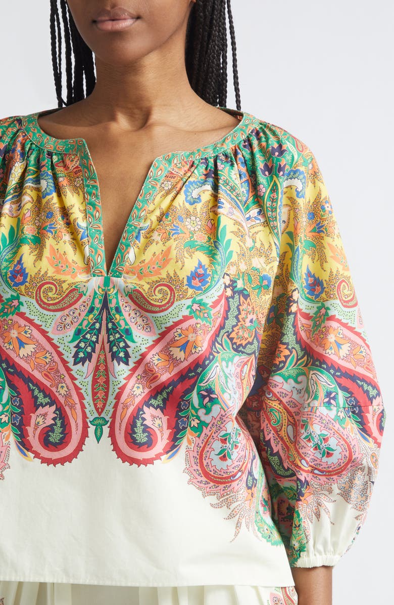 Etro Paisley Print Cotton Split Neck Top, Alternate, color, Print On White Base