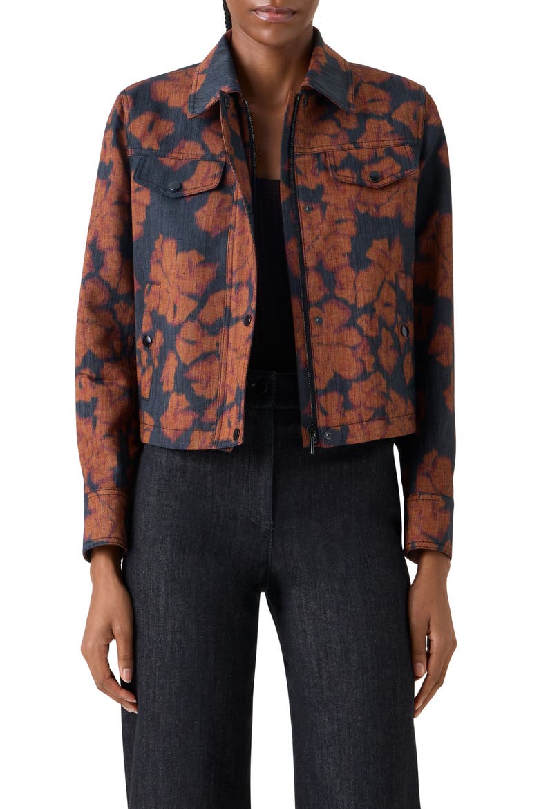 Ikat Floral Print Canvas Motorbike Jacket, Main, color, BLACK DENIM-ORANGE