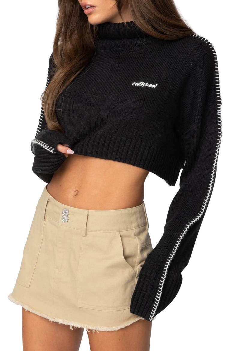 Blanket Stitch Accent Crop Turtleneck Sweater, Alternate, color, BLACK
