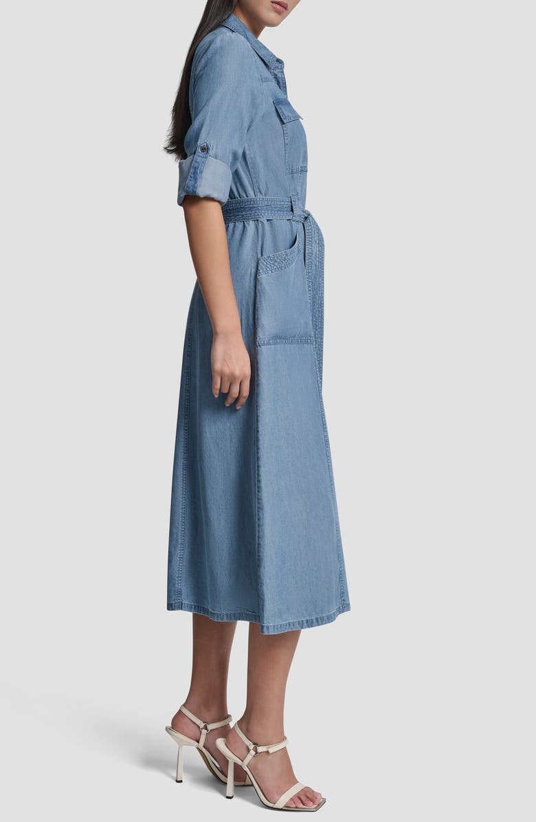 DKNY Tie Waist Roll Tab Chambray Midi Shirtdress, Alternate, color, Stream Wash