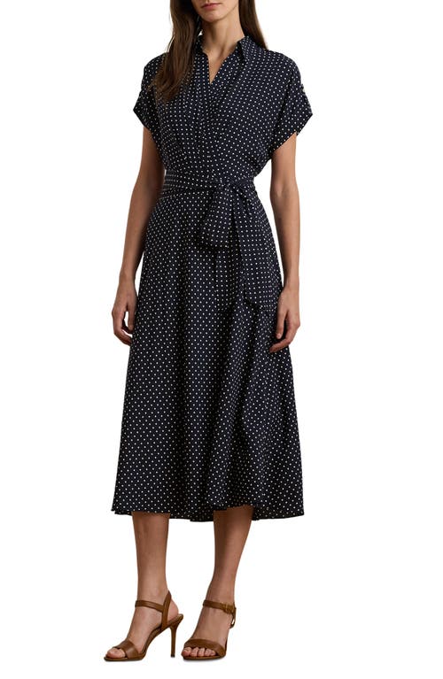 Shop Ralph Lauren Lauren  Polka Dot Crêpe De Chine Midi Dress In Navy/cream