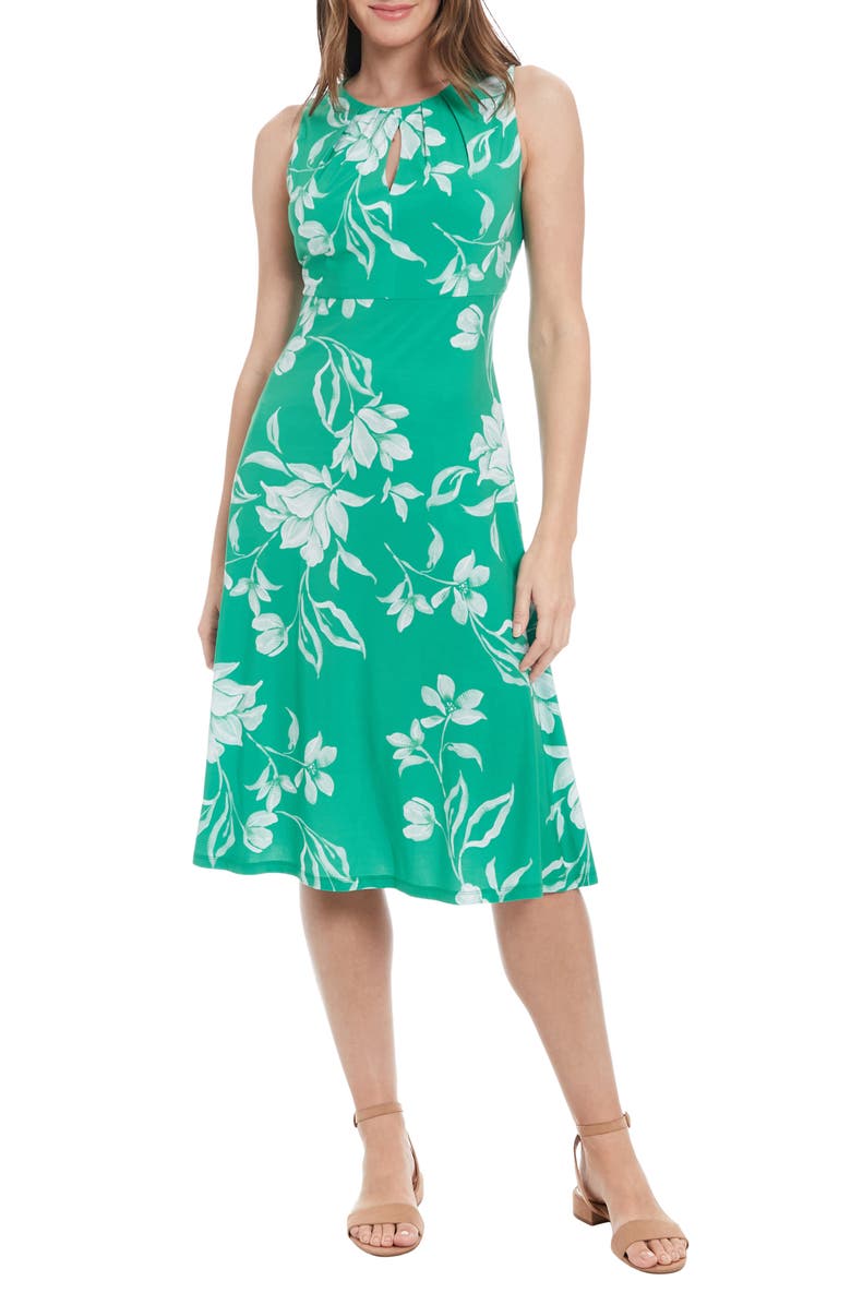 London Times Floral Keyhole Midi Dress, Main, color, Kelly Green/ Ivory