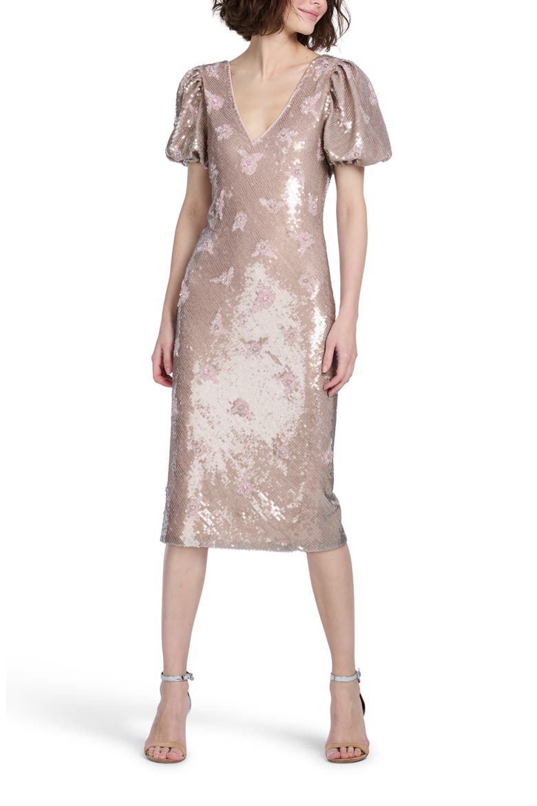 Stretch Sequin Floral Cocktail Midi Dress, Alternate, color, BLUSH