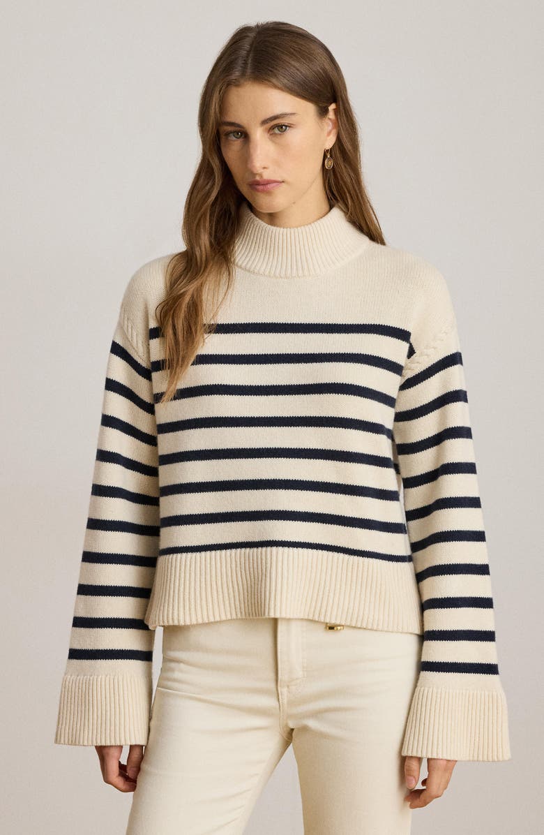 Lauren Ralph Lauren Sharad Stripe Wool & Cotton Blend Sweater, Alternate, color, Mascarpone Cream/ Lauren Navy