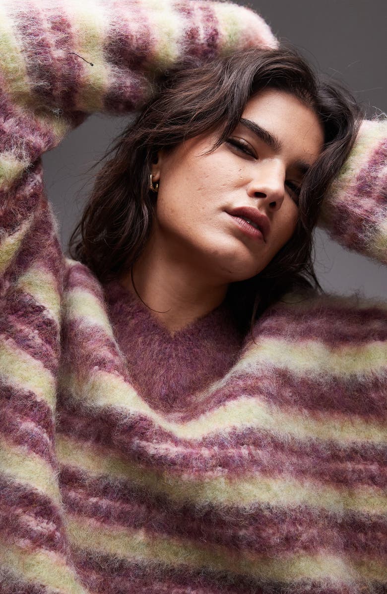 Topshop Stripe Fluffy V-Neck Sweater, Alternate, color, Burgundy Multi