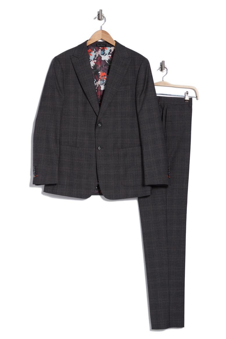 Plaid Trim Fit Peak Lapel Wool Blend Two-Piece Suit, Alternate, color, BROWN