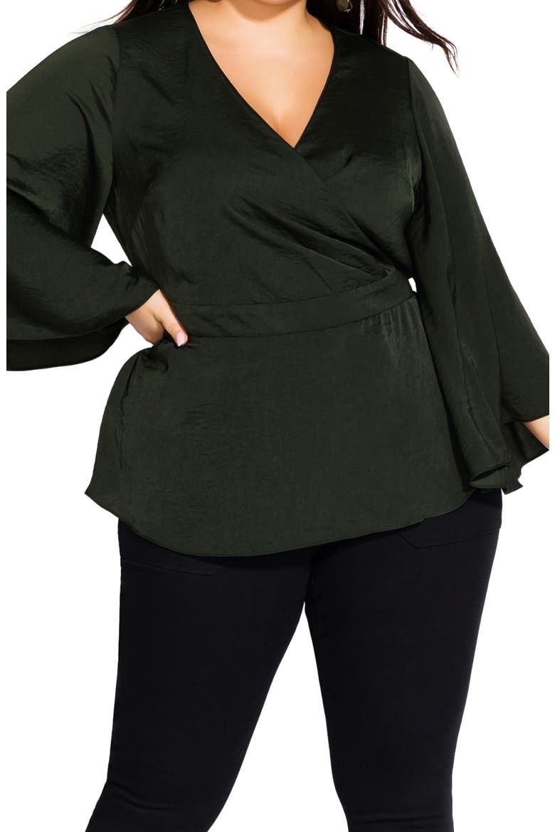 Bell Sleeve Faux Wrap Top, Main, color, MILITARY