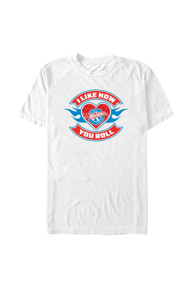 Mens Hot Wheels I Like How You Roll Fire Heart T Shirt, Main, color, White
