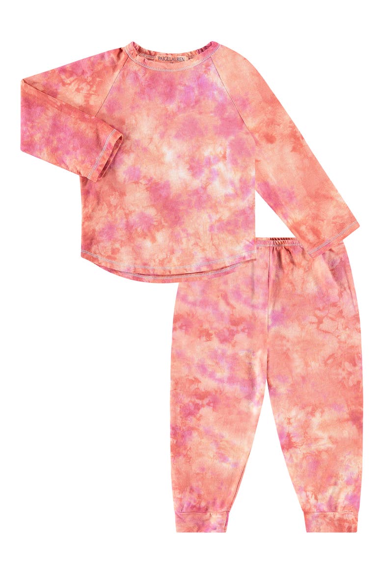 Kids' Tie Dye Long Sleeve Top & Pants French Terry Lounge Set, Main, color, ORANGE/ PINK