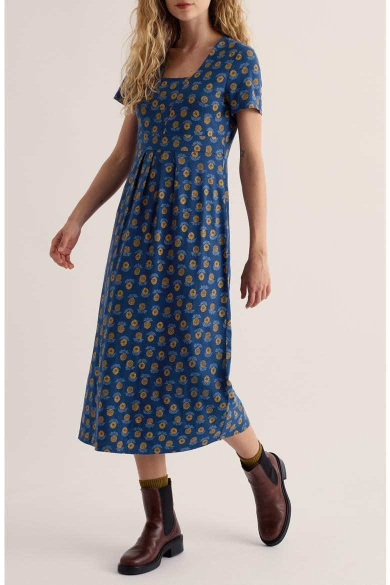 Seed Packet Stretch Organic Cotton Midi Dress, Main, color, MARIGOLD SKETCH MARINE