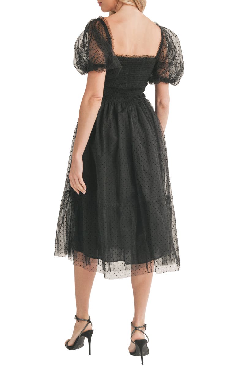 All in Favor Swiss Dot Puff Sleeve Smocked Bodice Midi Dress, Alternate, color, 