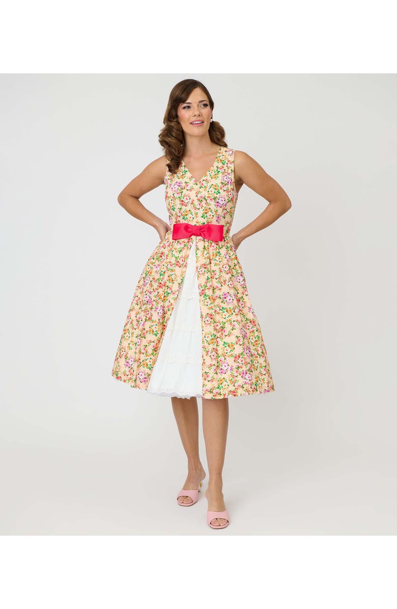 Unique Vintage 1960s Garden Party Swing Dress, Main, color, Beige W/ Pink Bow Floral Print