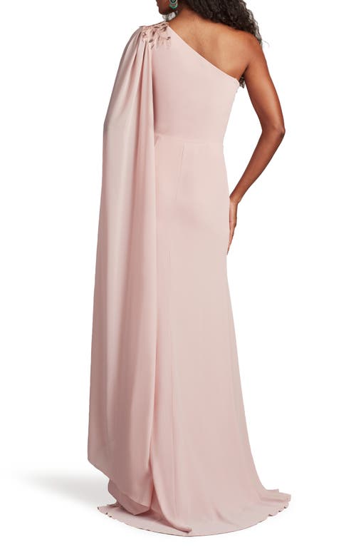 Tadashi Shoji Sequin Leaf Detail One-shoulder Chiffon Gown In Adobe Blush
