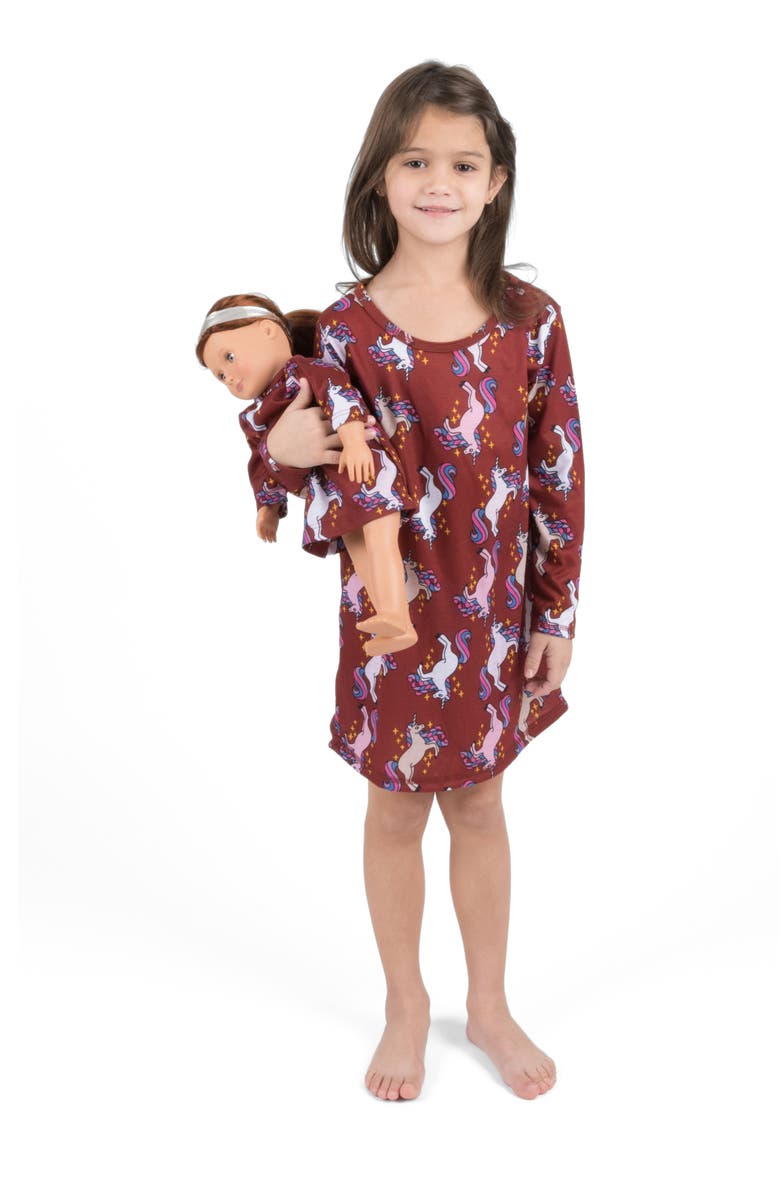 Leveret Girls Long Sleeve Nightgown with Matching Doll Nightgown, Printed Design, Main, color, Unicorn