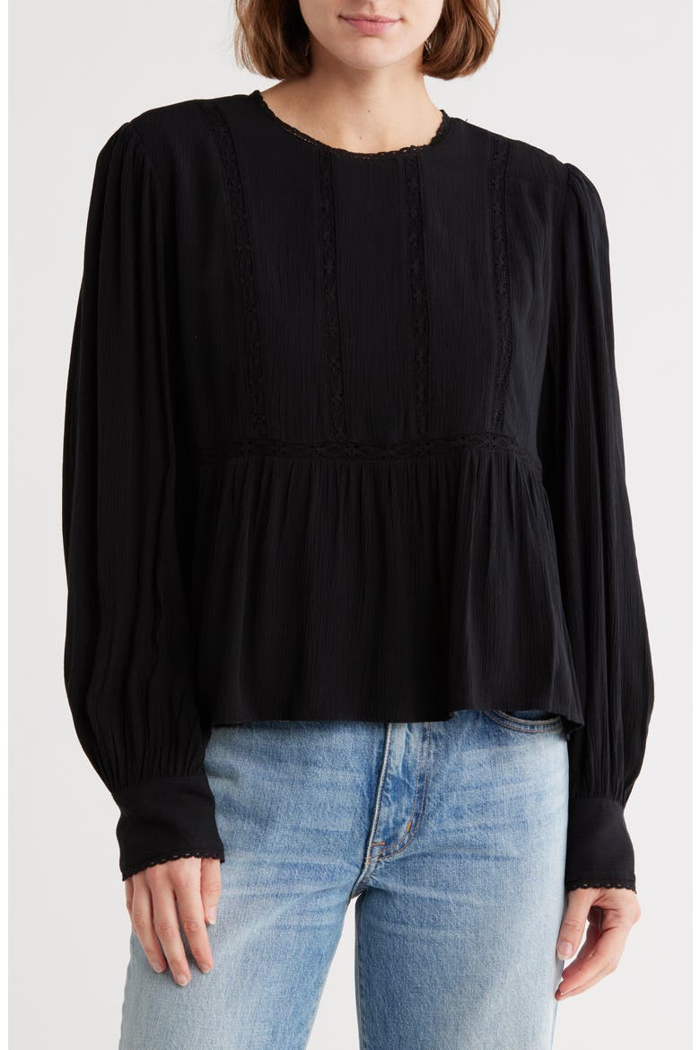 Lace Trim Long Sleeve Peplum Top, Main, color, BLACK