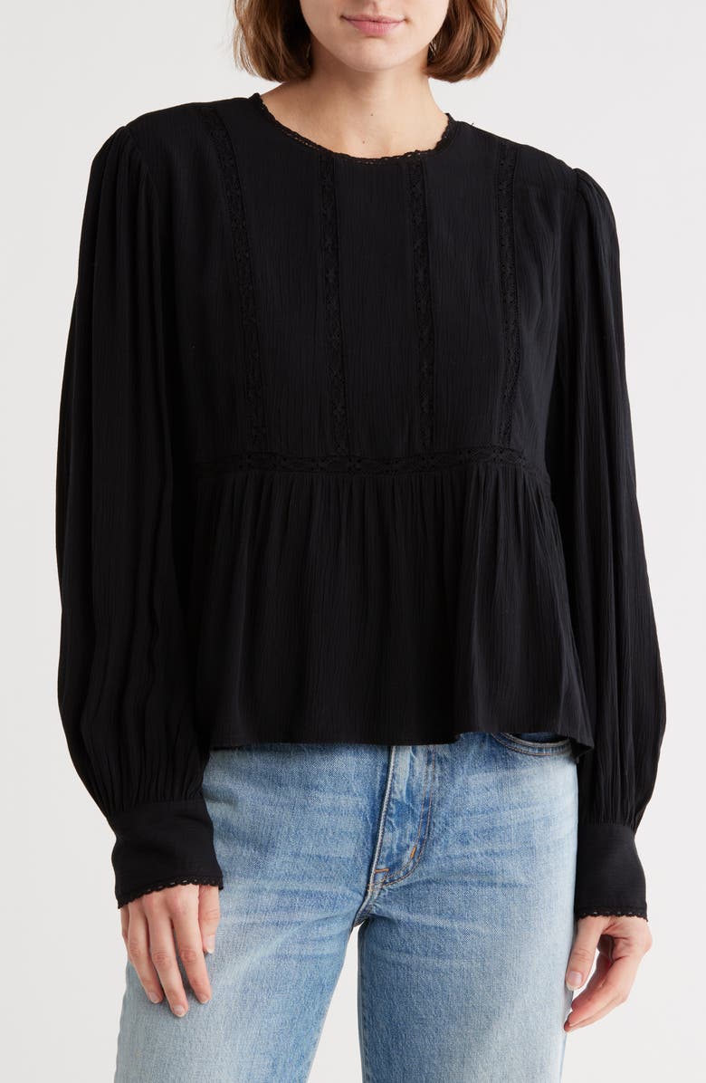 Melrose and Market Lace Trim Long Sleeve Peplum Top, Main, color, Black