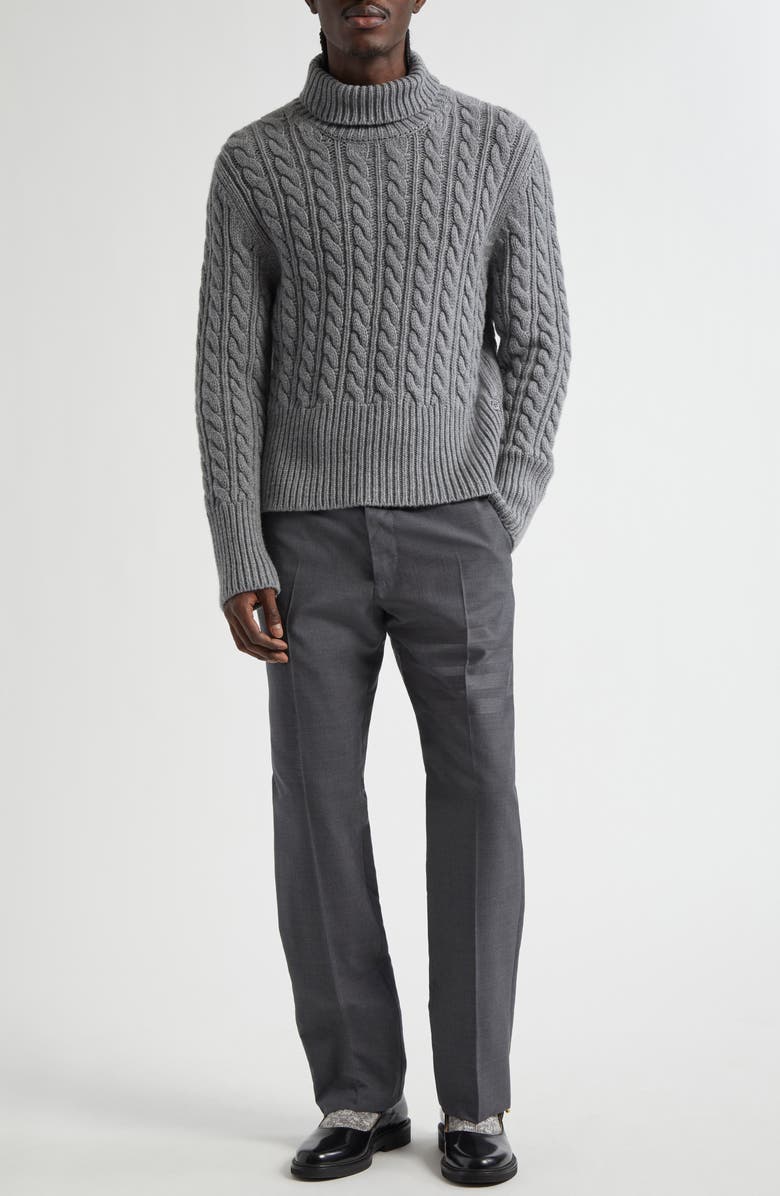 Thom Browne Classic Cable Knit Cashmere Turtleneck Sweater, Alternate, color, Light Grey