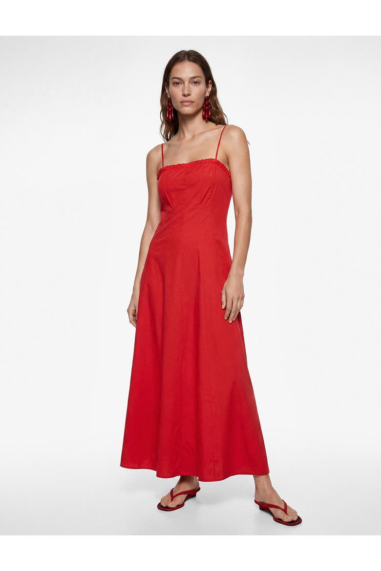 Cotton Slim Fit Ruffle Detail Strapy Midi Dress, Alternate, color, RED