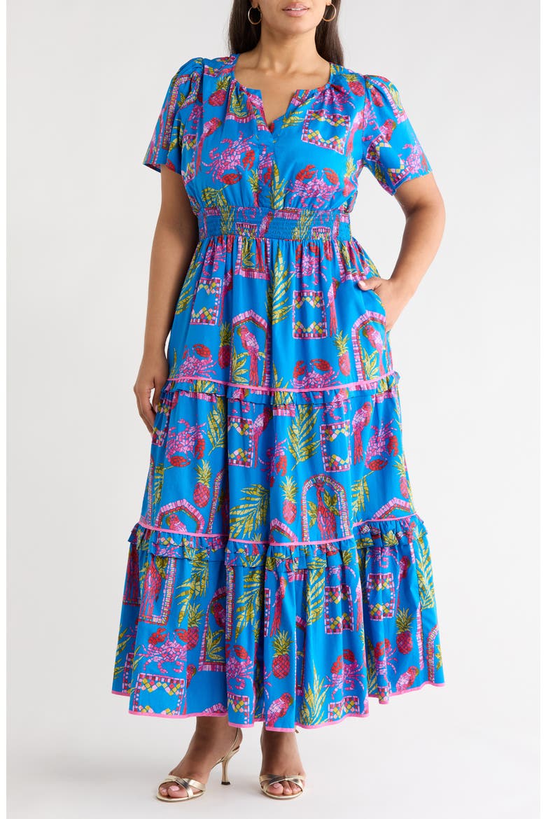 Bally Tropical Print Tiered Maxi Dress, Main, color, PINK-BLUE-GREEN