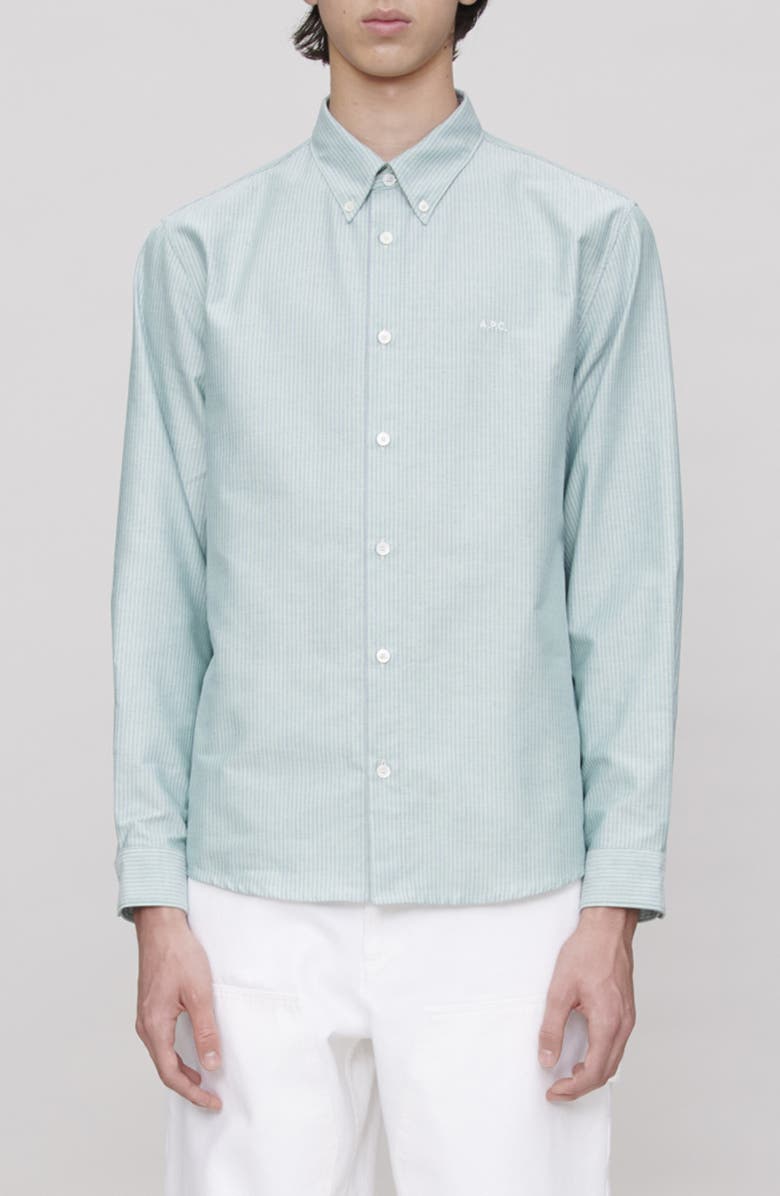 A.P.C. Chemise Greg Stripe Organic Cotton Button-Down Shirt, Main, color, Kac Almond Green