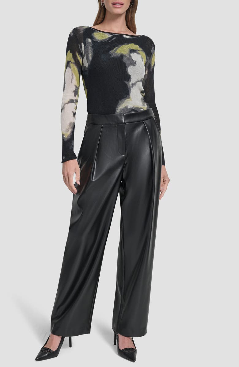 DKNY Pleated Faux Leather wide Leg Pants, Alternate, color, Black