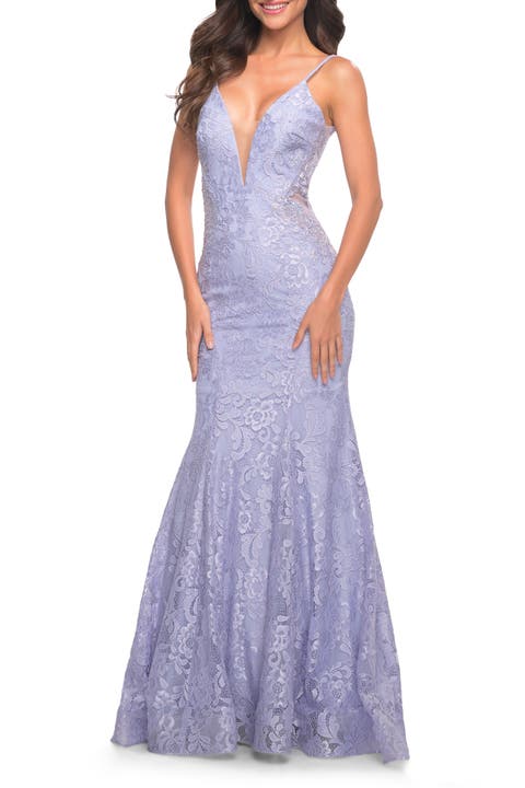 Long Mermaid Lace Dress with Back Rhinestone Detail