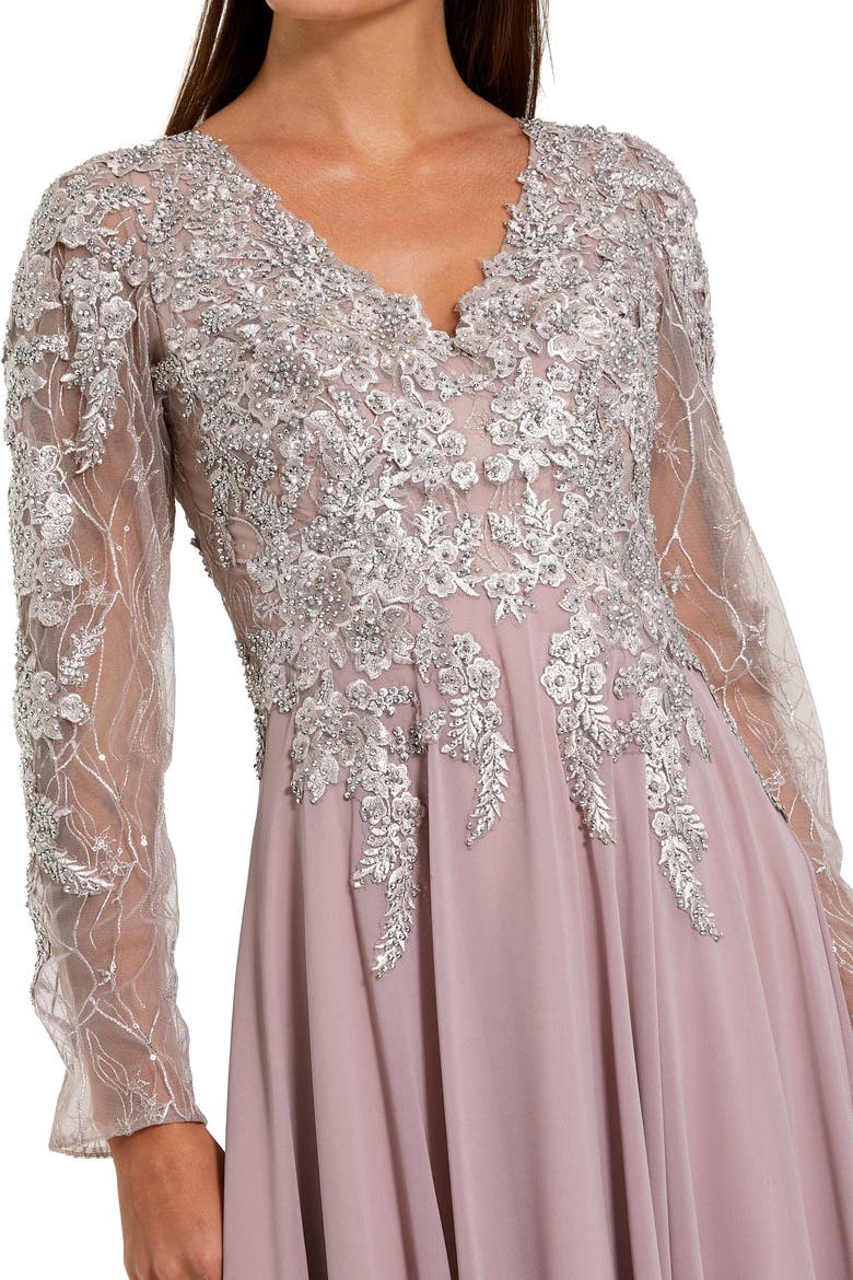 Women's Floral Embroidered Illusion V-neck A-line Gown, Alternate, color, Vintage Lilac