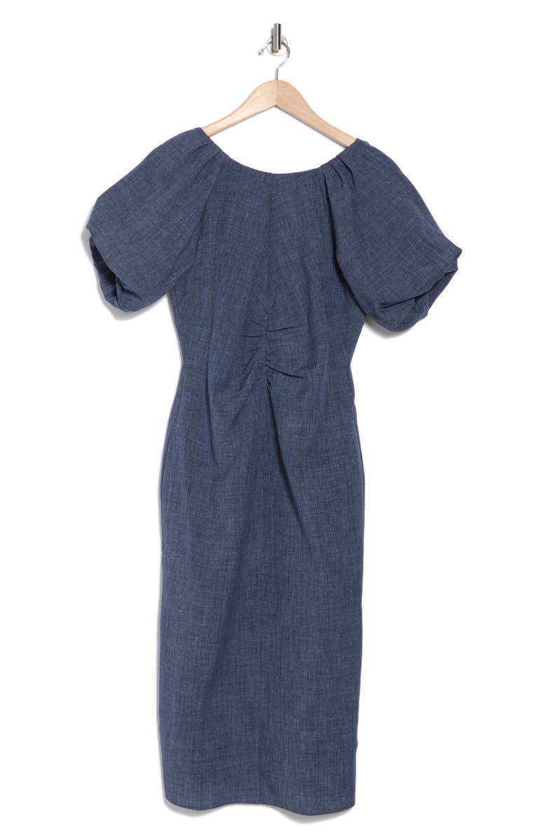 Tahari ASL Ruched Puff Sleeve Body-Con Midi Dress, Alternate, color, 