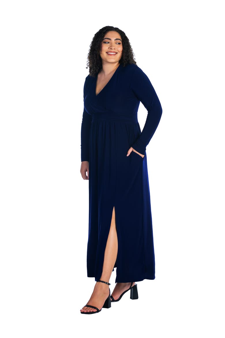 Plus Size Long Sleeve V Neck Side Slit  Maxi Dress, Alternate, color, Navy