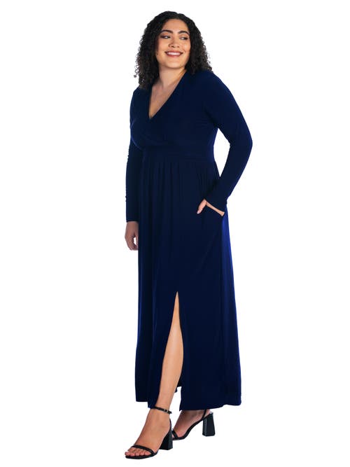 24seven Comfort Apparel Plus Size Long Sleeve V-neck Maxi Dress In Blue