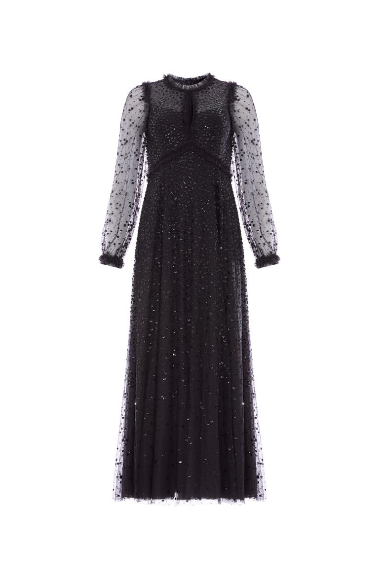Dappled Sequin Long Sleeve Ankle Gown, Alternate, color, Graphite