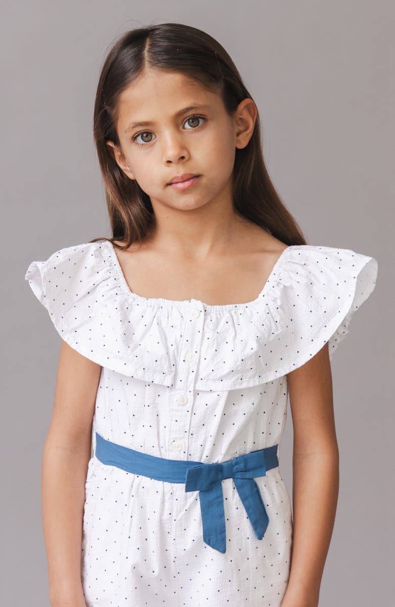 Hope & Henry Kids' Organic Ruffle Collar Button Front Seersucker Romper, Alternate, color, Delft Dot Seersucker