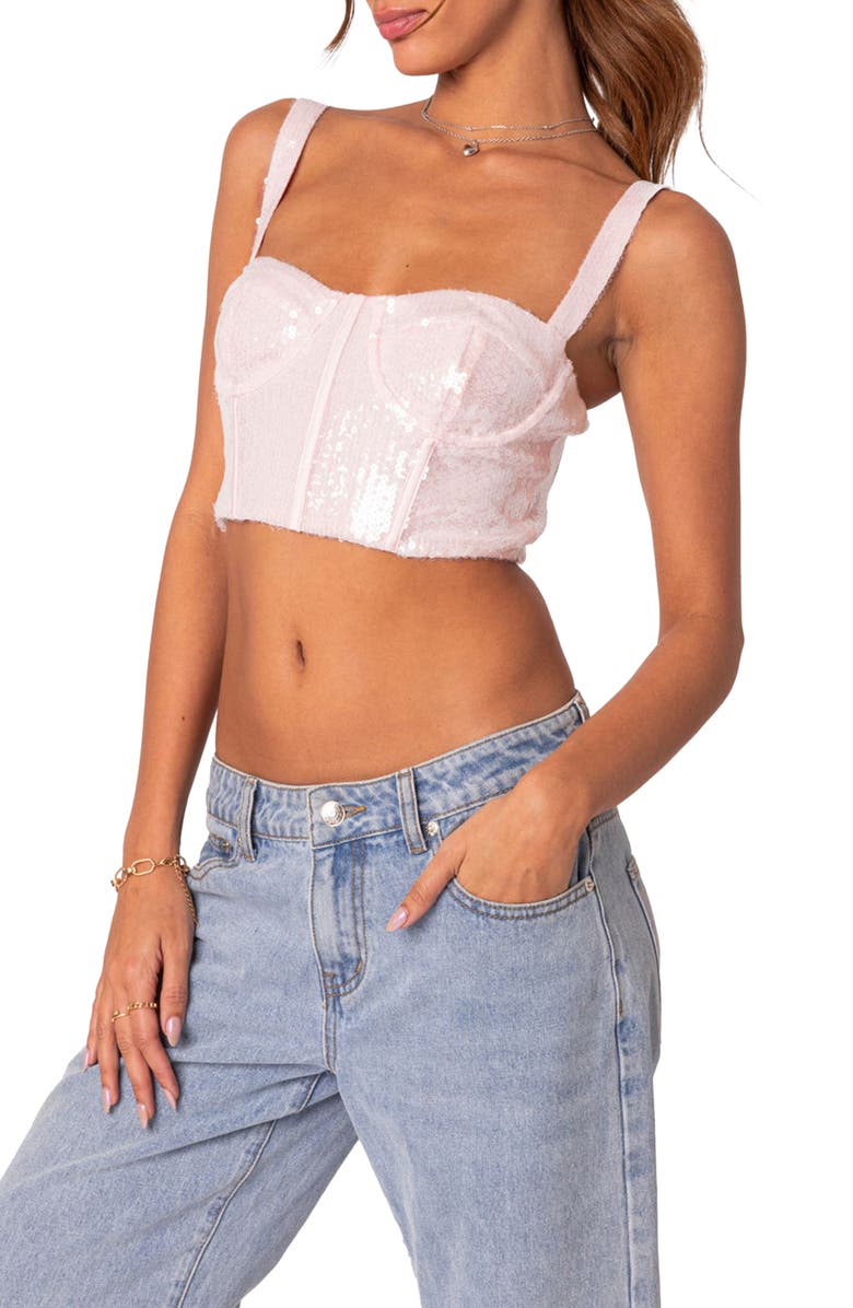 EDIKTED Glitzy Sequin Corset Crop Tank, Main, color, 