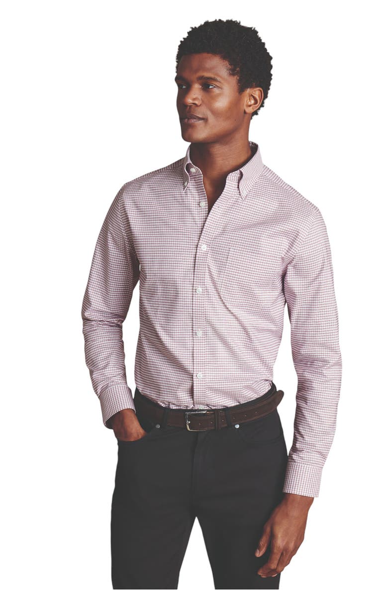 Charles Tyrwhitt Slim Fit Button-Down Collar Non-Iron Stretch Check Oxford Shirt, Main, color, Claret Pink