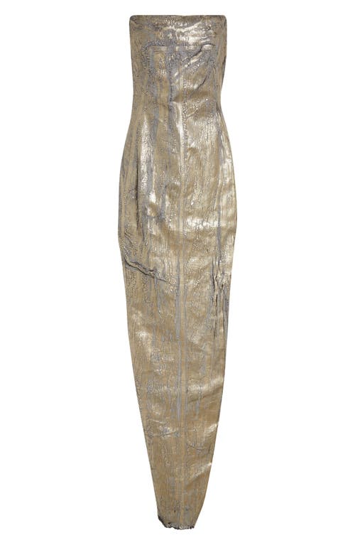 Shop Rick Owens Strapless Metallic Coated Denim Bustier Gown In Gold
