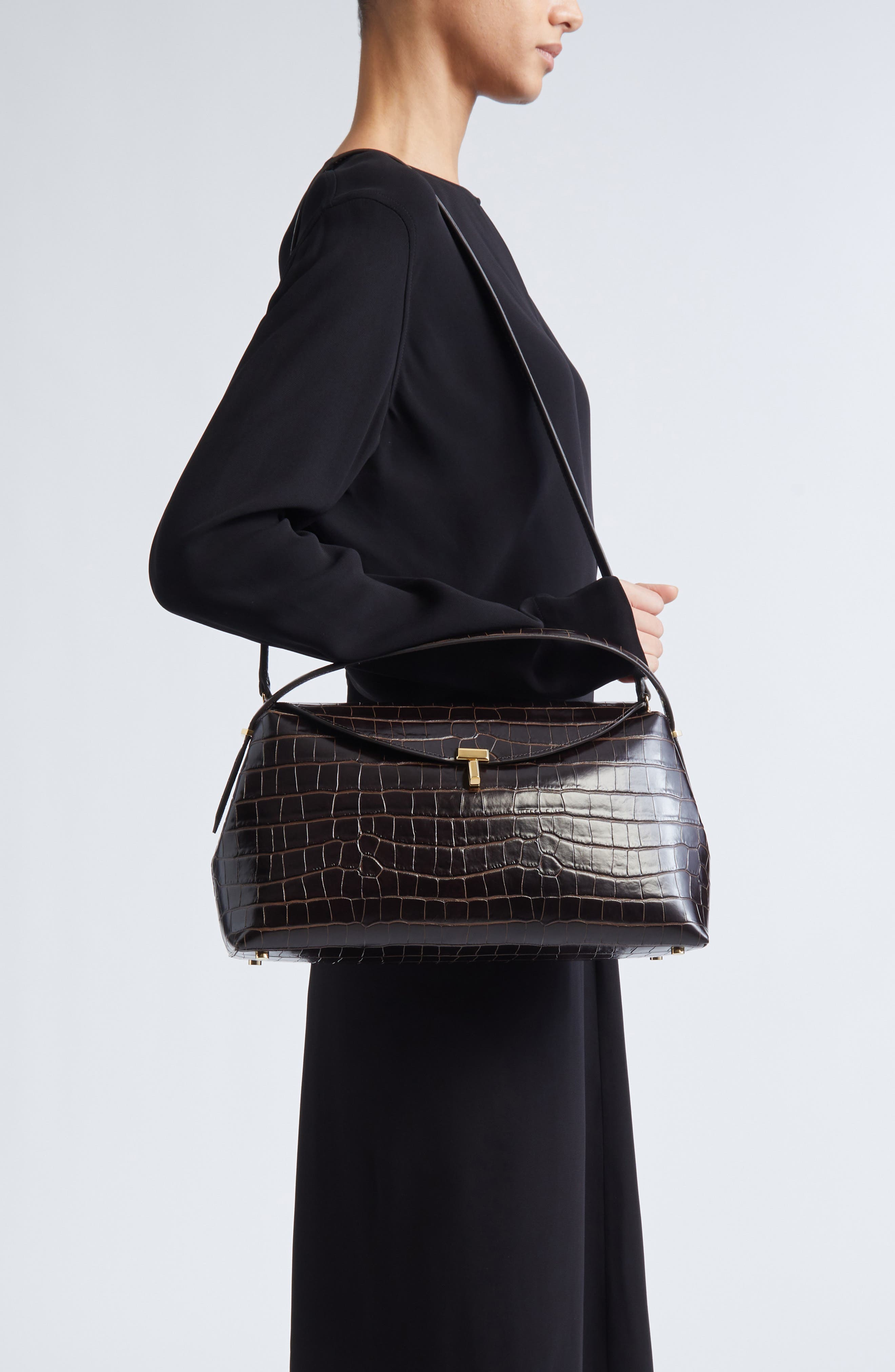 TOTEME T-Lock Croc Embossed Leather Top Handle Bag, Alternate, color, Dark Brown