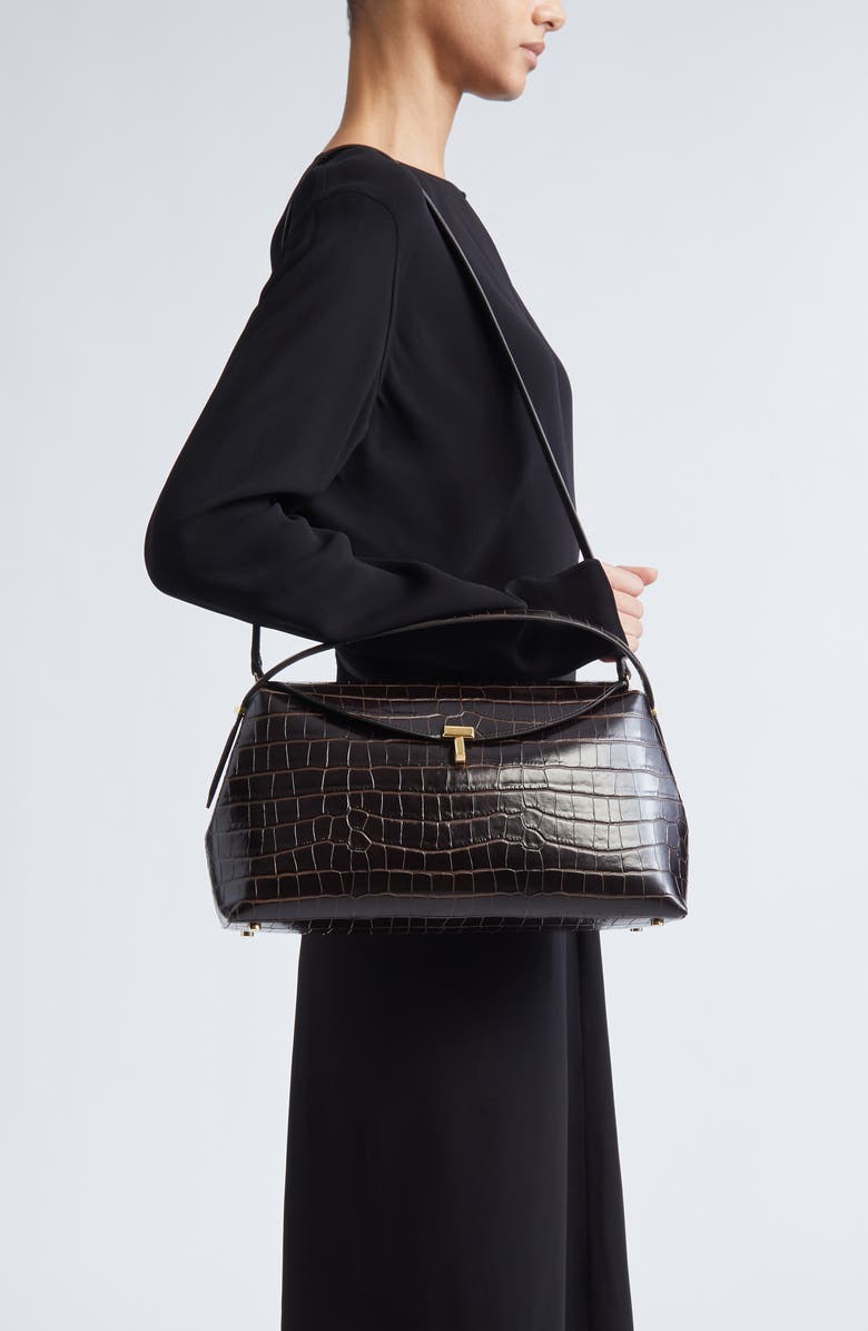 TOTEME T-Lock Croc Embossed Leather Top Handle Bag, Alternate, color, Dark Brown