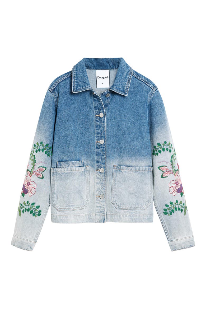 Floral Embroidered Denim Trucker Jacket, Alternate, color, MEDIUM BLUE