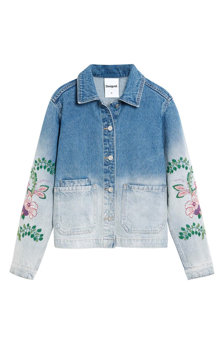 Desigual Floral Embroidered Denim Trucker Jacket, Alternate, color, Medium Blue