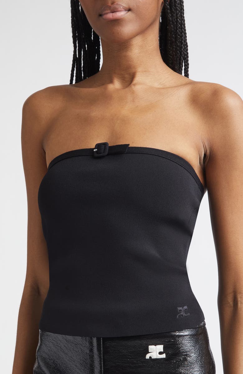 Courrèges Buckle Detail Bustier Knit Top, Alternate, color, Black