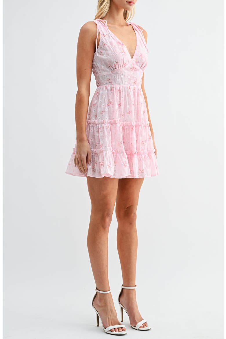Floral Print Embroidered Tiered Minidress, Alternate, color, PINK FLORAL