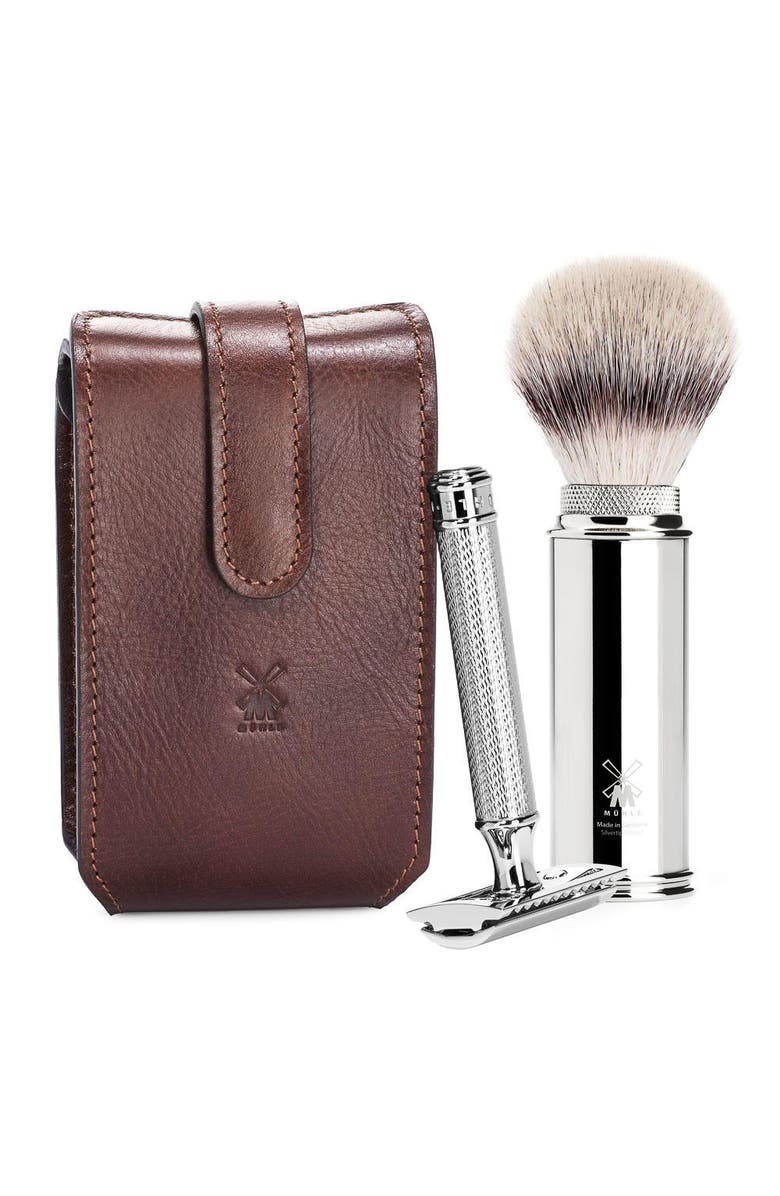 MÜHLE Brown Leather Case, Silvertip Fiber Brush & Safety Razor Travel Set, Main, color, Brown