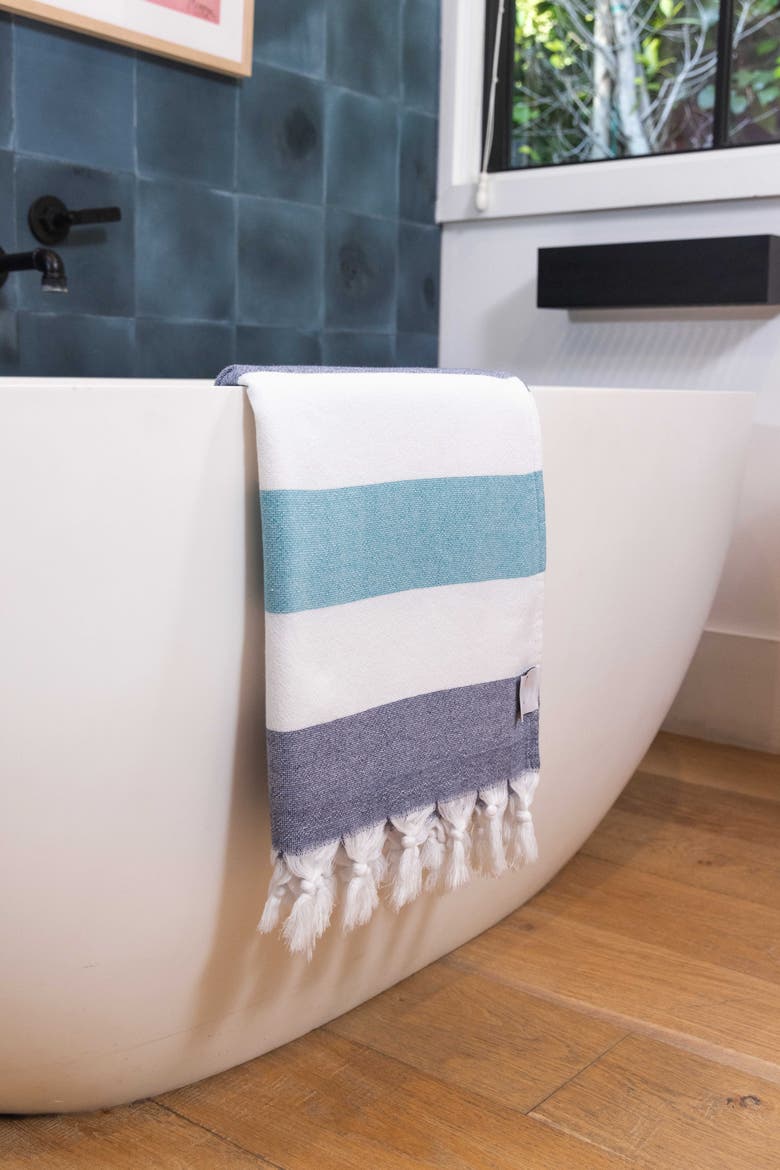 Kapris Striped Organic Turkish Towel with Soft Terry Cloth Back, Alternate, color, Navy and Aqua