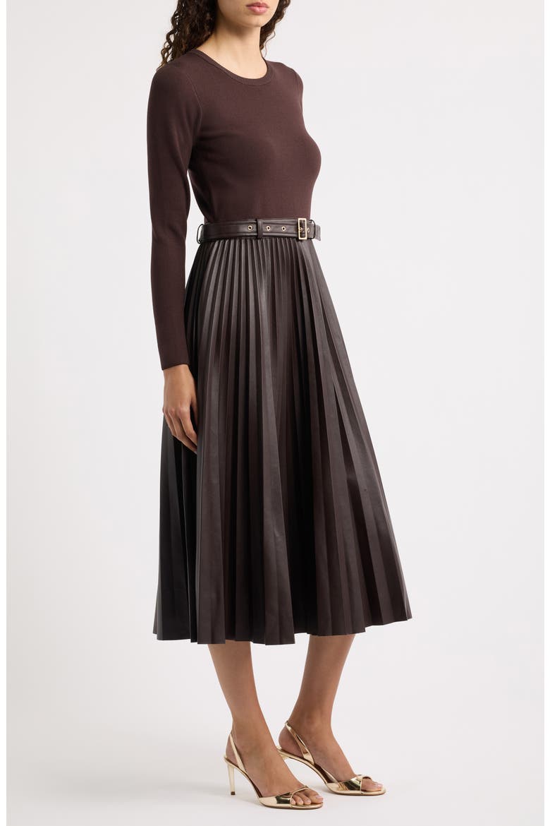 Allison Mixed Media Faux Leather Dress, Alternate, color, RHAPSODY BROWN